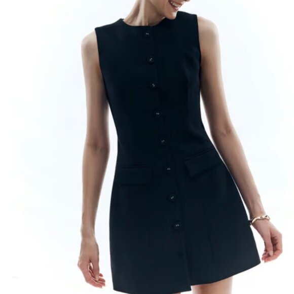 Commense Dresses & Skirts - Commense Button Solid Crew Neck Sleeveless Navy Dress Sz Medium
